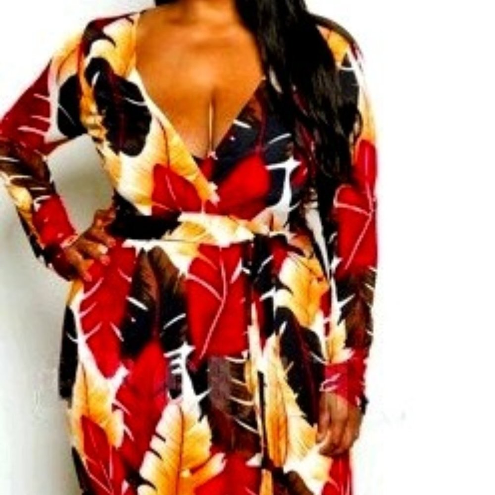V-neck Wrap Maxi Dress in Red and Gold Leaf Print